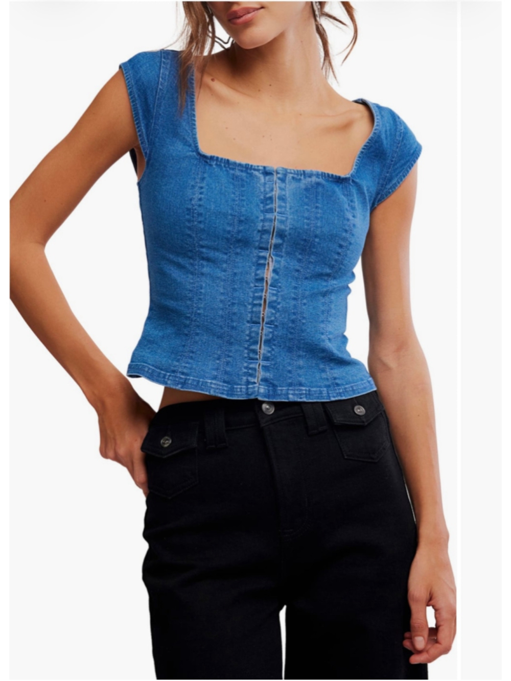 Women's Free People Denim Corset Crop Top Blue Size M
